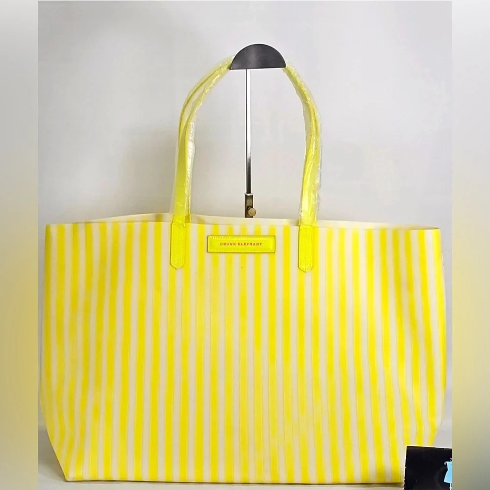 Drunk elephant yellow neon & white striped shopping/beach/ tote bag+coinbag NIP - Picture 1 of 10